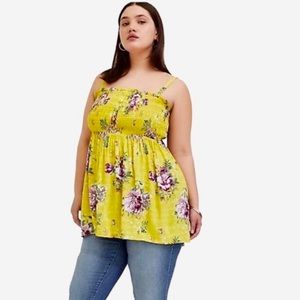 TOP - Women's Torrid brand yellow floral smocked baby doll challis top. Size 1